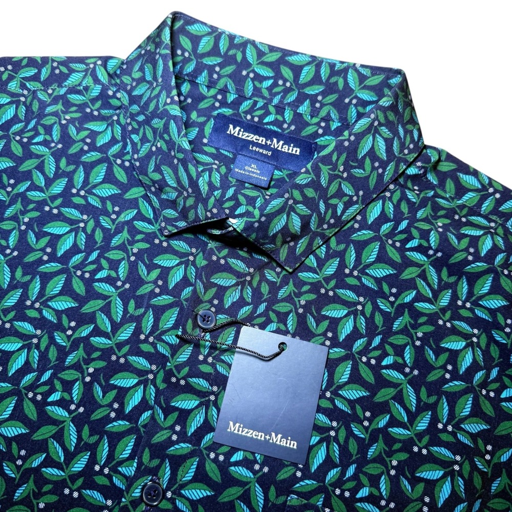 Mizzen+Main Leeward Short Sleeve Dress Shirt Navy Foliage Mens XL Classic NWT